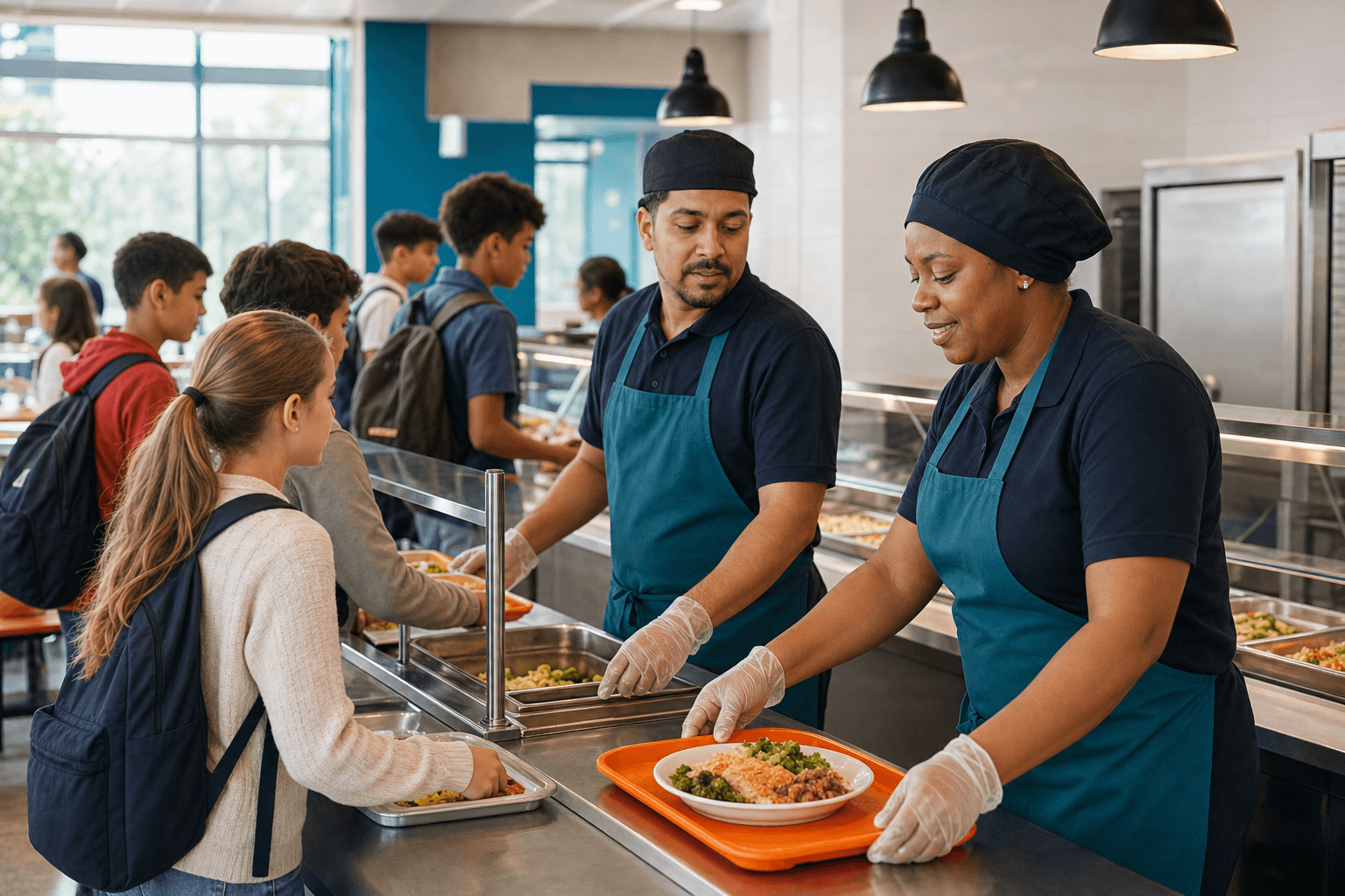 Un equipo de cafetería preparando y sirviendo el almuerzo escolar