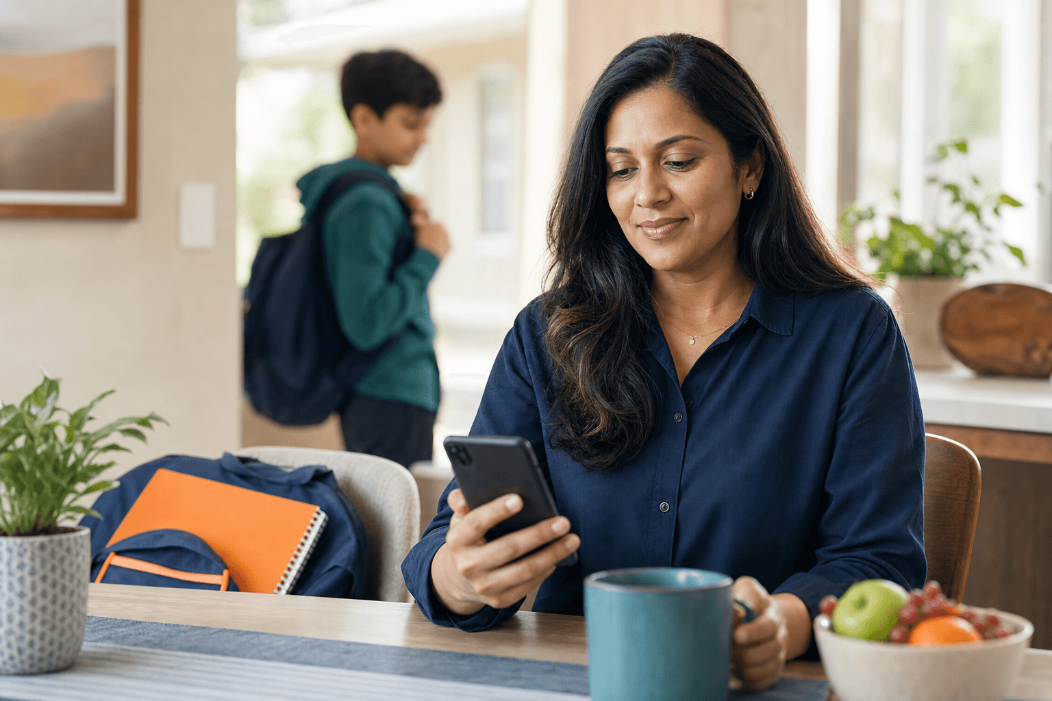 Parent reviewing a household cafeteria wallet on a phone